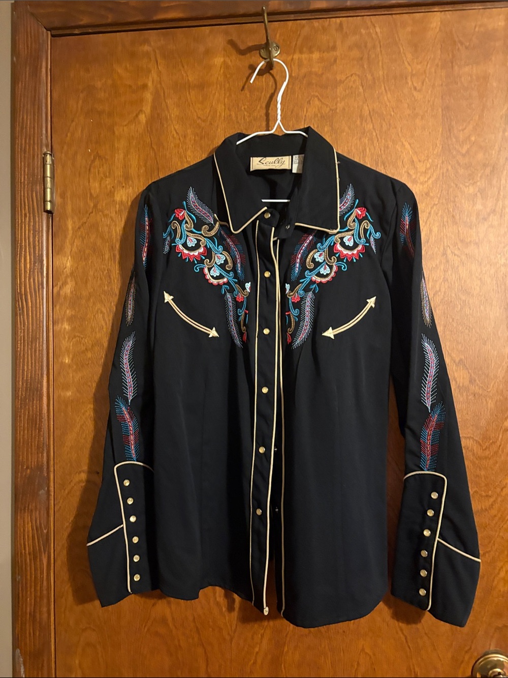 Scully Black Western Embroidered Snap-Front Blouse with Teal & Red Accents